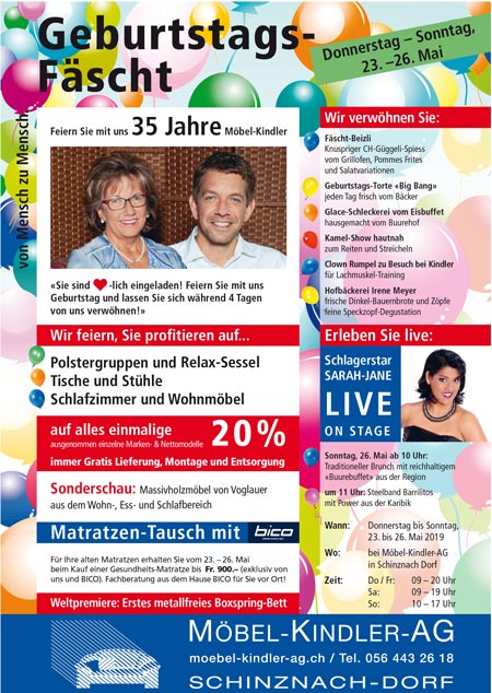Geburtstags-Fäscht 23. bis 26. Mai 2019 bei Möbel Kindler AG